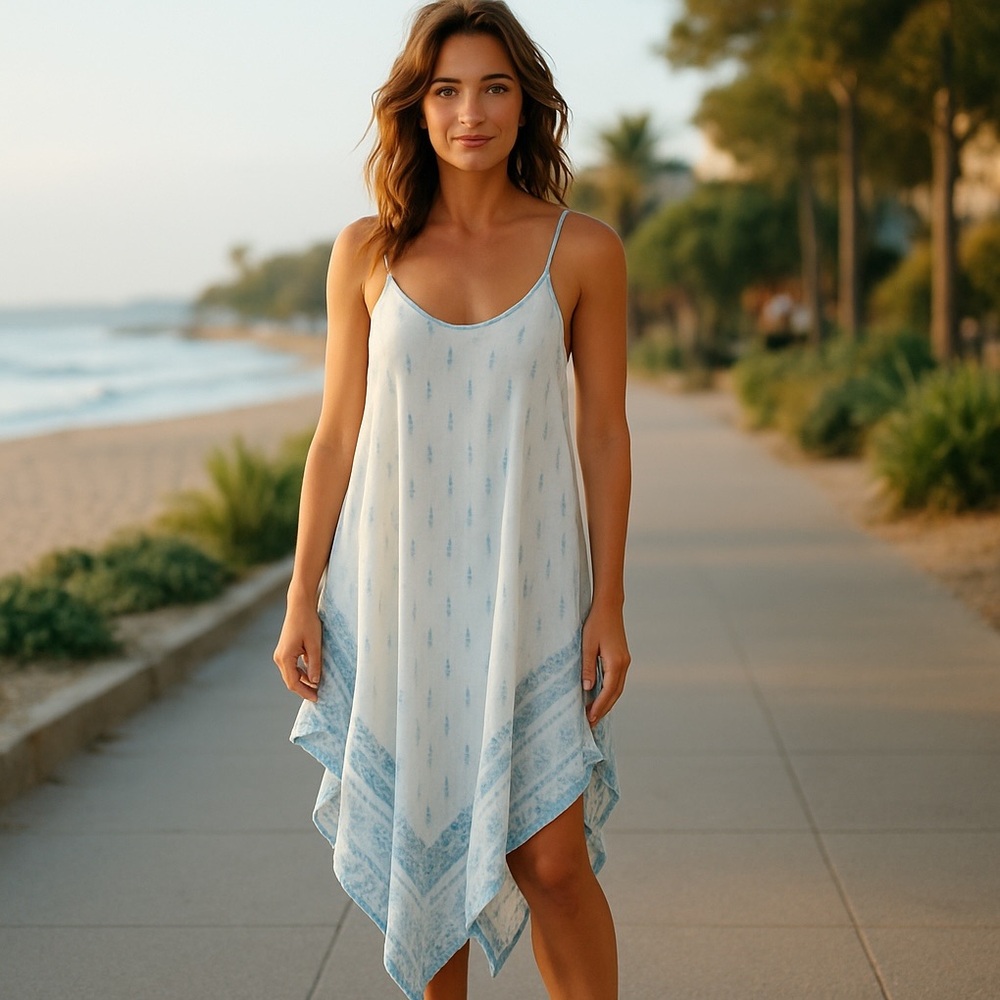 Elan Sundress Hanky Hem Coastal Boho Chic White Blue Batik Print Midi Dress OS